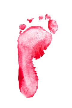 Kid foot prints red color isolated on white background. fingerprint or stamp texture artwork of kids for education and journey. Bottom view. Close up.