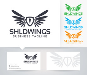 Shield Wings vector logo with alternative colors and business card template