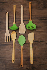 Set of wooden utensils on a table