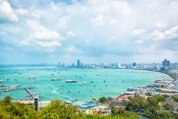 Building, sea and beach of pattaya city in day time. View point of Pattya Chonburi, Thailand. - obrazy, fototapety, plakaty