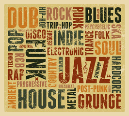 Music Styles typographic vintage grunge poster. Retro vector illustration.