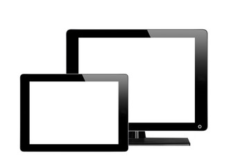 Black computer monitor and tablet with empty screen isolated on