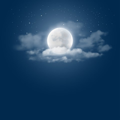 Naklejka na ściany i meble Mystical Night sky background with full moon, clouds and stars. Moonlight night. Vector illustration.