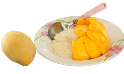 Thai dessert mango with sticky rice on white background