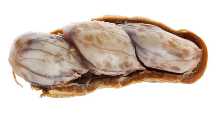 Closeup of half brown boil peanut on white background
