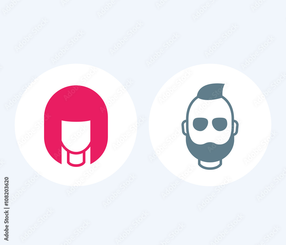 Poster Avatars isolated icons, girl and bearded man, round login icons, vector illustration