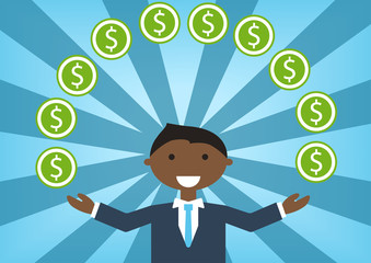 Successful black business man handling money and budget. Vector illustration of cartoon character juggling dollars