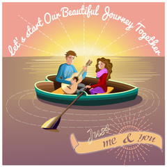 A vector illustration of happy couple playing guitar together in a boat. Boating an the sea. dating loving couple in a boat.Couple in love card. Valentines day vector illustration