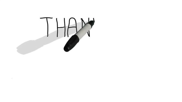A moving black pen with a shadow writes on a plain white surface 'thank you'