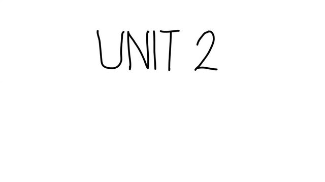 A moving black pen with a shadow writes on a plain white surface 'unit 2'