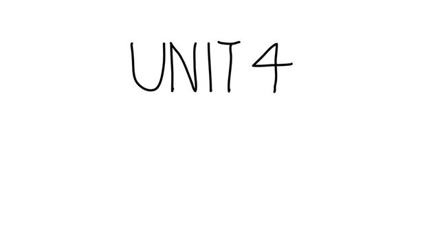 A moving black pen with a shadow writes on a plain white surface 'unit 4'