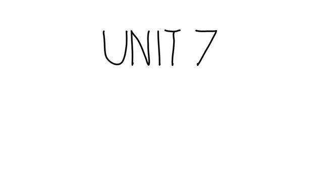 A moving black pen with a shadow writes on a plain white surface 'unit 7'
