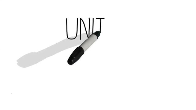 A moving black pen with a shadow writes on a plain white surface 'unit 9'