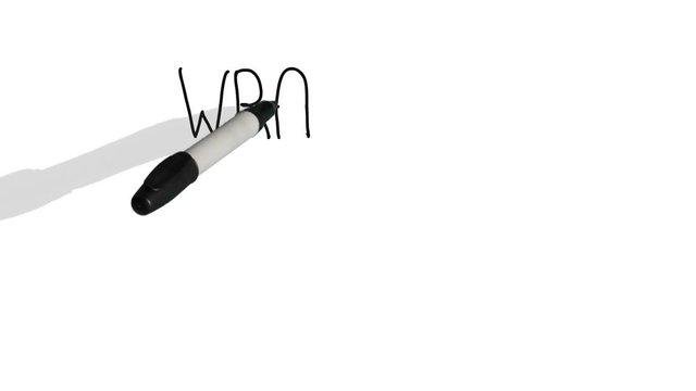 A moving black pen with a shadow writes on a plain white surface 'wrap-up'