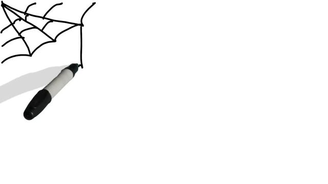 A moving black pen with a shadow writes on a plain white surface 'web' and draws a spider and web
