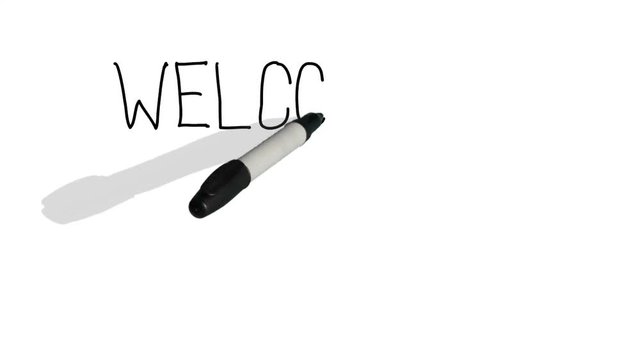A moving black pen with a shadow writes on a plain white surface 'welcome'