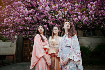 Obraz premium Three european girls wearing traditional japanese kimono backgro