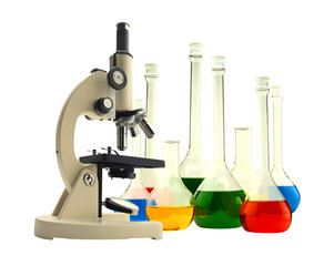 laboratory microscope and test tubes with liquid isolated on whi