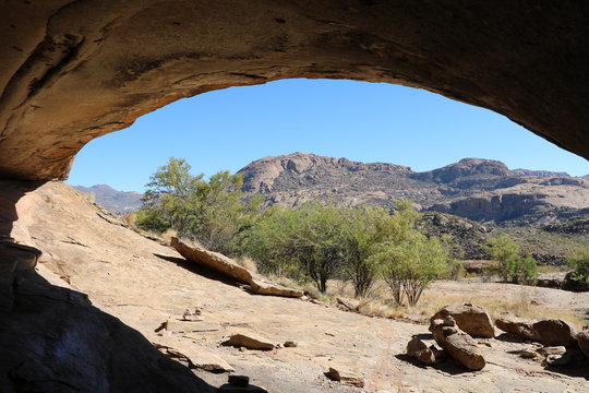 Outlook from the Philips Cave at Ameib Farm in Erongo Mountains, Namibia Africa