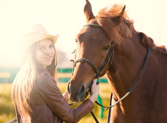 Fototapeta premium Woman and horse. Portrait close up