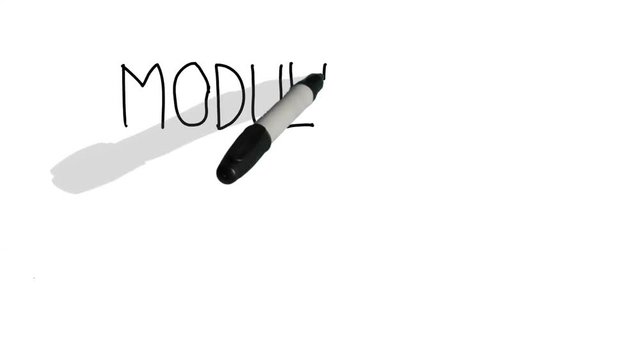 A moving black pen with a shadow writes on a plain white surface 'module six'