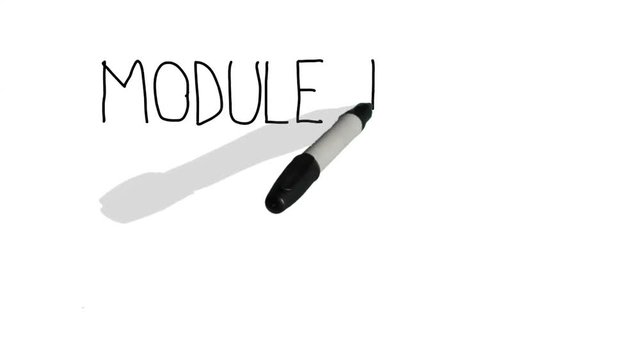 A moving black pen with a shadow writes on a plain white surface 'module eight'