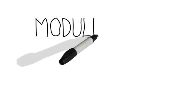A moving black pen with a shadow writes on a plain white surface 'module nine'