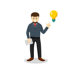 The businessman poiting to the bulb. Idea concept.  Illustration in flat style