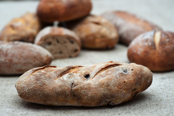 Loaves of Home Baked Leavened Bread made of wheat and buckwheat flour, raisins, tumeric using an antique recipe