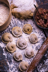 Fototapeta na wymiar Raw meat dumplings. Ingredients for making dumplings: dough, minced meat, eggs on the wooden background