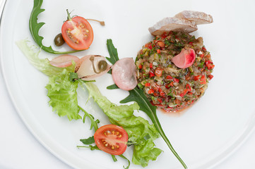 Closeup of Aubergine Pate served on a white plate