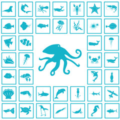 Set of forty sea animals icon