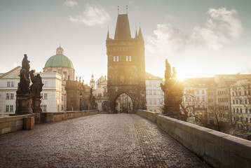 Sunrise on Charles Bridge in Prague, Czech Republic