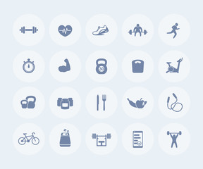 20 fitness icons, gym, workout, training, pictograms, round flat icons, vector illustration