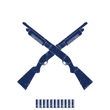 Crossed shotguns, hunting rifles, shotgun shells on white, vector illustration