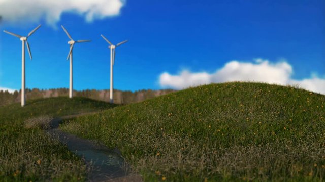 wind generators on meadow,green energy concept, seamless loop - 3D render