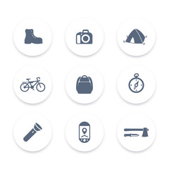 Hiking, Camping round icons, backpack, flashlight, tent, hiking boot icon, vector illustration