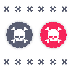 skull and bones sign, badge on white, vector illustration