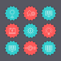 Solar energy line icons set, solar power, panels installation sign