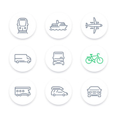 Fototapeta premium Transport line icons, car, van, bus, train, airplane, ship, round icons set, vector illustration