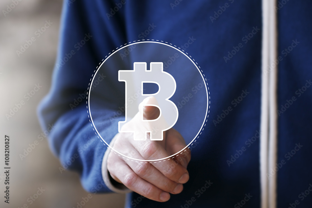 Poster businessman push button bitcoin web currency
