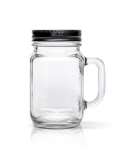 Clear glass bottle with black aluminium cap isolated on white ba