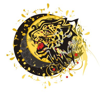 Tribal furious leopard head splashes with blood drops against the decorative sun ready for a tattoo, graphics on the vehicle, also for labels, stickers and emblems, T-shirt designs