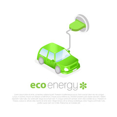 Electric car charging. Eco energy concept icon. Green car with plug in the socket. Ecologic isometric 3d logo