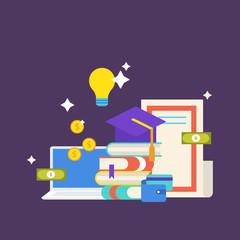 Scholarship concept. Vector illustration in flat style design. University student cap, books, diploma, notebook, money, wallet, credit card and light bulb