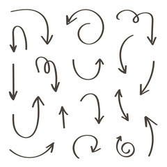 Set of monochrome hand-drawn arrows isolated on white background.
