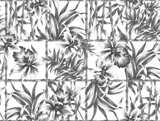 Grey Flowers and Bamboo Fence Seamless Pattern