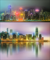 Beautiful cityscape set and collage of Financial district, Hong Kong