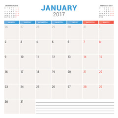 Calendar Planner for 2017 Year. Vector Design Template. January. Week Starts Monday. Stationery Design