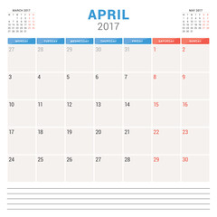 Calendar Planner for 2017 Year. Vector Design Template. April. Week Starts Monday. Stationery Design